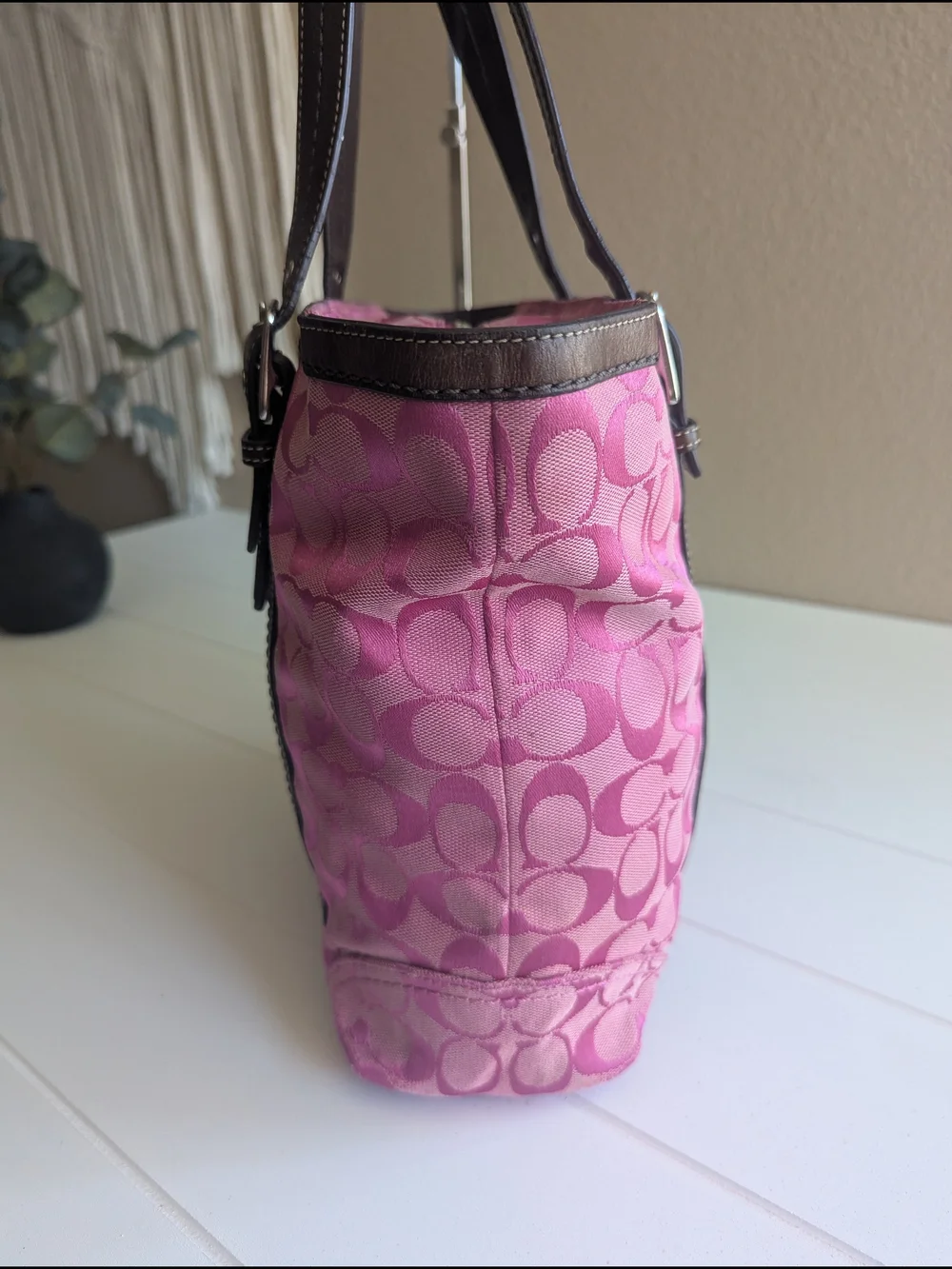 Coach Pink Signature Tote with Brown